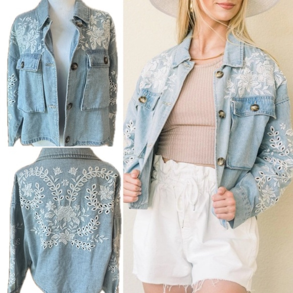 Embroidered Floral Eyelet Jean Shirt Boxy Shacket Jean Jacket M